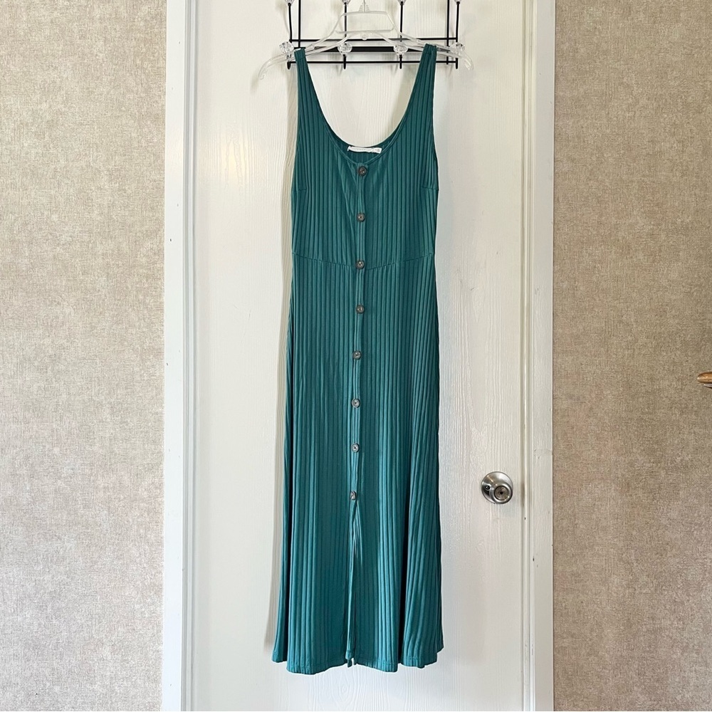 Lush Teal Button-Front Rayon/Spandex Slinky Midi Dress